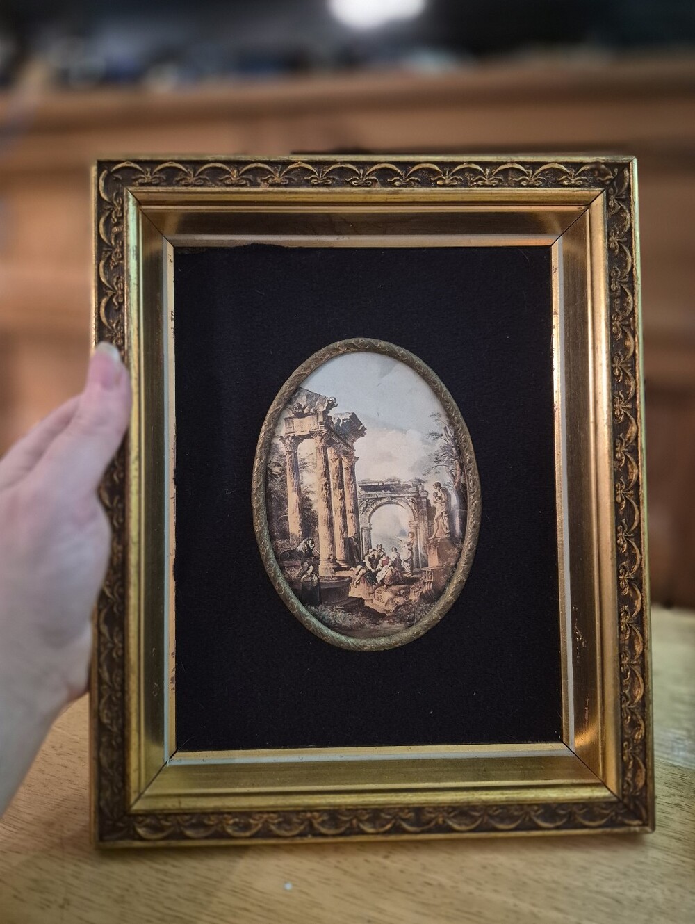 Vintage Italian Roman Ruins Oval Miniature Art Black Velvet Gold Frame